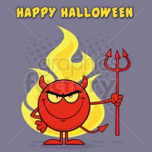 Red Devil Cartoon Emoji Character Holding A Pitchfork Over Flames Vector Illustration With Halftone Background And Text