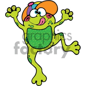 The image is a colorful and playful clipart illustration of a cartoon frog. The frog is depicted with large, expressive eyes and a wide mouth, tongue sticking out playfully. It's wearing a multicolored cap, facing backwards, indicating a casual or playful mood. The frog's limbs are splayed out as if it's in the middle of a jump or an excited gesture.
