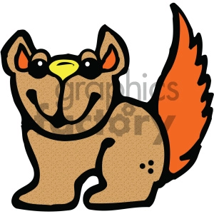 This clipart image features a stylized depiction of a squirrel. The squirrel is characterized by its large, friendly eyes, a big smile, and a bushy tail that is distinctively colored in orange. The body of the squirrel is a lighter brown, and it has a somewhat cartoonish appearance.