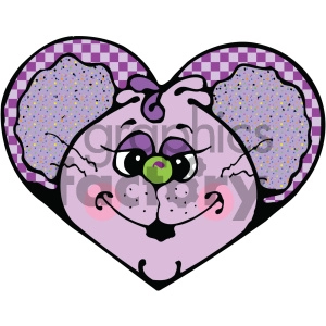 This clipart image displays a whimsical illustration of a purple mouse's face contained within a heart-shaped border. The heart border has a black and gingham-patterned edge. The mouse features include polka-dot ears, big green eyes, a cute nose, and rosy pink cheeks.