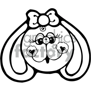 The clipart image features a stylized outline of a rabbit or bunny. The bunny has large, floppy ears with a decorative bow on top, big eyes with eyelashes, prominent front teeth, and a tiny heart-shaped nose. Both of the bunny's ear interiors have a heart design.