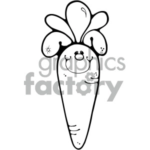 A black and white clipart image of a smiling cartoon carrot with large leafy greens at the top and a friendly face.