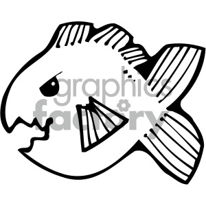 The image is a black and white line art clipart of a fish. The fish is depicted in profile with visible details such as the eye, fins, and scales.