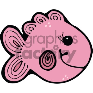 The clipart image depicts a stylized pink fish with a cartoonish appearance. It features prominent black outlines, a simple eye, and a smiling mouth. The fins and body have decorative swirls and spots.