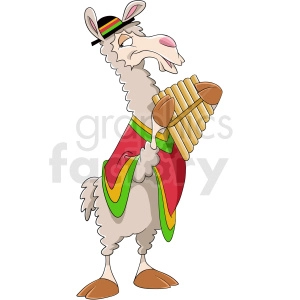 The image shows a cartoon llama dressed as a musician. It has a comical expression and is playing a pan flute. The llama is wearing a hat with a colorful band and a poncho featuring red, green, and yellow colors. The llama is also using its hooves to hold and play the pan flute.