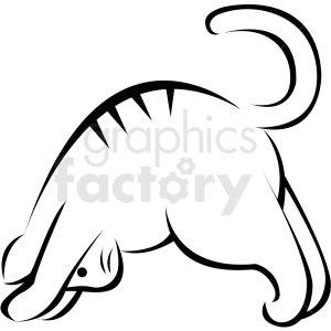 The image is a black and white clipart of a stylized cat in a yoga pose, specifically resembling the downward dog position which is upside down with its head and front paws on the ground and its back arched.