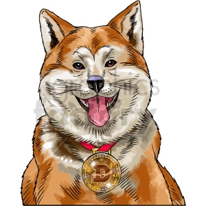 The clipart image depicts a cartoon Shiba Inu dog, which is the mascot of the digital currency called Dogecoin. The dog is holding a gold coin with the Dogecoin logo on it, representing the cryptocurrency's value. This image is a representation of the popularity and recognition of Dogecoin in the crypto world.
