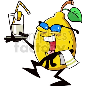 The clipart image shows a cartoon lemon with arms and legs, holding a tray with one glass of a yellow drink on it. The lemon appears to be serving the drinks, and is wearing a bowtie as part of its outfit.
