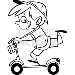black and white cartoon child riding a scooter vector