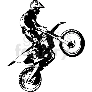 The clipart image shows a black and white illustration of a motocross rider performing a wheelie on a motorcycle. The rider is doing a freestyle move, which involves lifting the front wheel off the ground while balancing on the rear wheel. This type of riding is often seen in motocross competitions and exhibitions.
