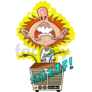 The clipart image depicts a cartoon man who appears to be getting electrocuted or shocked by electricity. The character is shown with his head back and hair glowing, mouth wide open and a look of surprise on his face. This image can be interpreted as a representation of the dangers of electricity and the importance of electrical safety.
