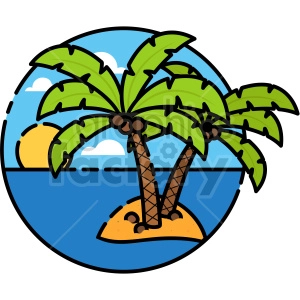 The clipart image shows a stylized illustration of an island with a palm tree, conveying a tropical theme. The island is depicted as a small landmass with a curved shoreline and some waves around it. A single palm tree with a few leaves is shown on the island, leaning towards the water.