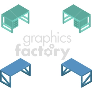 Isometric clipart image of four desks, two in green and two in blue.