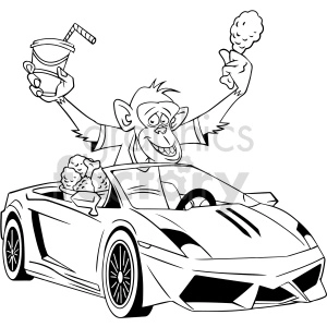 Cartoon Monkey Driving Sports Car with Drink and Ice Cream