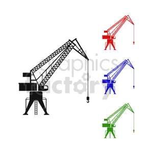 Clipart image of industrial cranes in different colors: black, red, blue, and green.