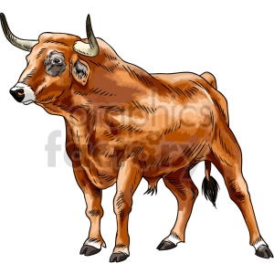 The image shows a stylized clipart of a bull. It is presented in a dynamic posture with detailed shading and highlights that give the impression of texture and depth to its brown fur. The bull has prominent horns and appears to be standing.