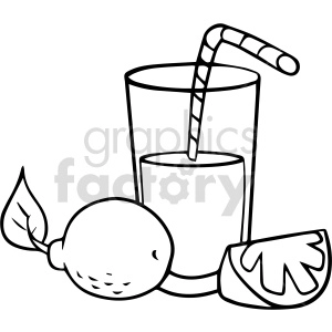 The clipart image shows a black and white cartoon of a glass filled with lemonade, which is a sweetened citrus fruit drink made from lemons. The glass has a straw in it and is accompanied by a whole lemon fruit with leaves on top, as a decorative element.
