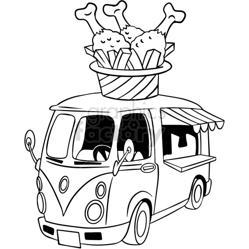 This is a clipart image of a food truck with a large basket of fried chicken and fries on its roof. The truck has an awning on one side, indicating it is ready to serve customers.