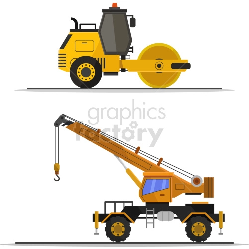 The clipart image shows a bundle of vector illustrations of construction equipment, including a crane and a steam roller. The crane appears to be a mobile crane with a telescopic boom, while the steam roller is depicted as a heavy vehicle with a large roller drum on its front. Other vehicles in the bundle include excavators, bulldozers, and dump trucks, among others.
