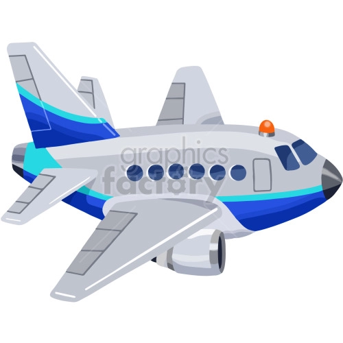 The clipart image depicts a cartoon-style airplane. The plane is showing two wings, a tail fin, and a cockpit with windows. It has an orange siren on the top, and blue decorations