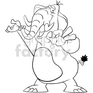 The image shows a cartoon elephant that is black and white. It has two large ears, a trunk, two tusks, and two oval-shaped eyes. The elephant is standing on all four legs with its tail pointing downwards, and it appears to be smiling.

