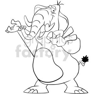 The image shows a cartoon elephant that is black and white. It has two large ears, a trunk, two tusks, and two oval-shaped eyes. The elephant is standing on all four legs with its tail pointing downwards, and it appears to be smiling.