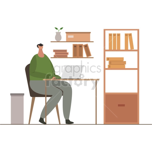 Clipart image of a person working on a laptop at a desk in a home office. The scene includes a bookshelf with books and storage boxes, a plant on a shelf, and a trash can.