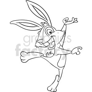 A fun and lively clipart image of a cartoon rabbit dancing with a joyful expression. The rabbit has large ears, wide eyes, and a big smile, and is depicted in a dynamic pose with one leg kicked up and both arms raised in the air.