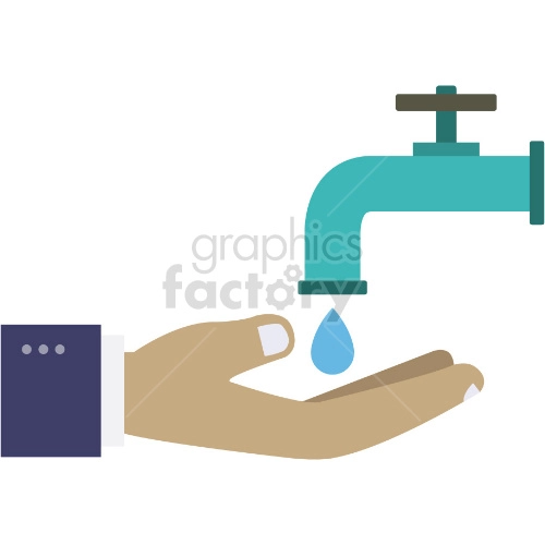 Clipart image depicting a hand under a water tap with a droplet falling into the palm, as if they are cleaning their hands