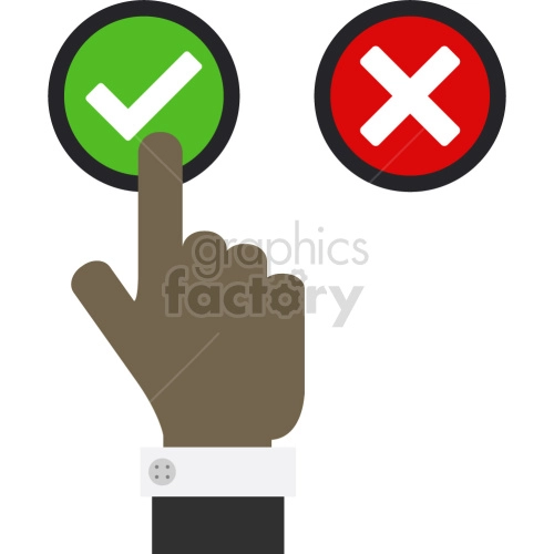 Clipart image of a hand with a finger pointing to a green circle with a check mark, next to a red circle with an X mark.