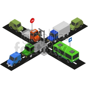 Isometric illustration of a traffic intersection with various vehicles including cars, a truck, and a bus, along with traffic signs and a traffic light.