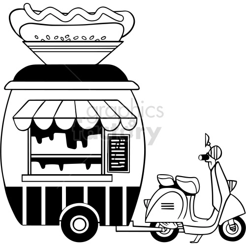 black and white cartoon hotdog cart clipart
