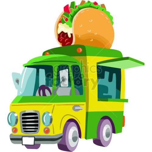 The clipart image shows a cartoon-style food truck. The truck has wheels and is set up to be mobile, suggesting that it is a food truck or mobile restaurant. The image depicts the truck selling tacos, as indicated by the taco on top of the truck.
