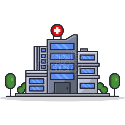 Clipart image of a modern hospital building with a red cross symbol on top, surrounded by trees.