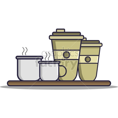 Clipart image of two steaming coffee cups and two takeaway coffee cups placed on a wooden surface.