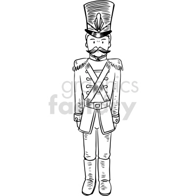 A black and white clipart image of a toy soldier with a tall hat, mustache, and traditional uniform including buttons and belt.