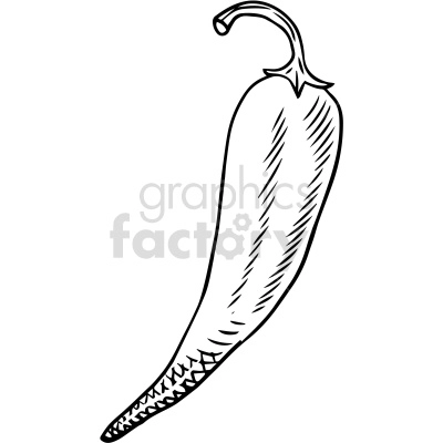 A black and white clipart image of a chili pepper, featuring detailed line art and shading.