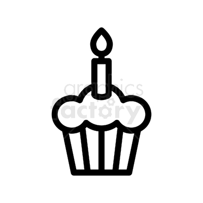 A simple clipart image of a cupcake with a single lit candle on top.