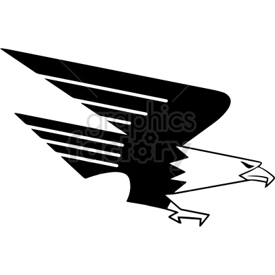 The clipart image shows a stylized design of an eagle bird in black and white colors. The eagle appears to have its wings spread out with its talons clenched and its beak closed.
