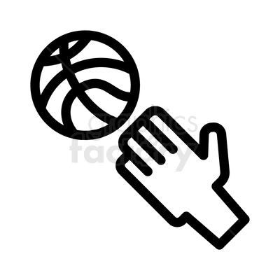 A black and white clipart image of a hand holding or dribbling a basketball.