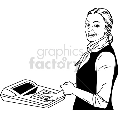Clipart image of a female cashier working at a cash register.