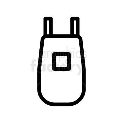 Clipart image of a simple, black outline of an apron with shoulder straps and a pocket in front.