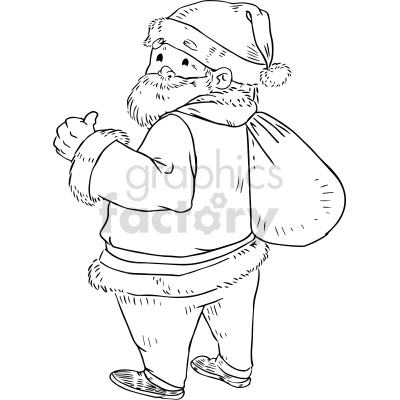 The clipart image shows a black and white drawing of Santa Claus, a traditional Christmas figure with a long white beard wearing a hat, jacket, and pants. He is smiling and holding a bag of presents over his shoulder. The image appears to be in a cartoon or graphic style.

