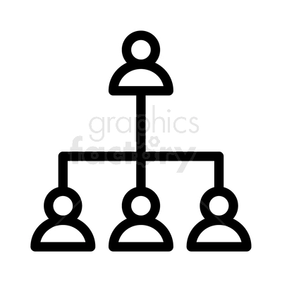 A simple black and white clipart image depicting an organizational hierarchy or structure with a top-level person connected to three subordinate persons.