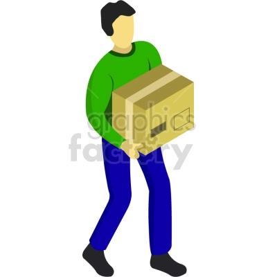 Illustration of a person carrying a cardboard box. The person is wearing a green shirt and blue pants.