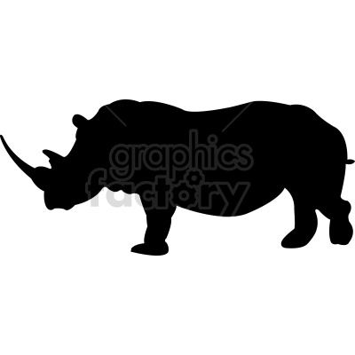 The clipart image shows the silhouette of a rhinoceros, a large mammal with a single horn on its snout. The image is black and white and only shows the outline of the animal, without any details of its features or surroundings.
