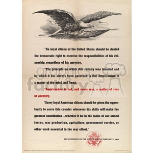 A vintage poster with an illustration of an eagle at the top, followed by a message from the President of the United States dated February 3, 1943. The message emphasizes the importance of citizenship and the principle that Americanism transcends race or ancestry.