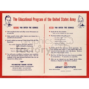 A vintage educational poster detailing the United States Army's educational program for recruits. It outlines opportunities both before and after entering the service, including training in technical fields such as electricity and automotive mechanics, and further studies through the Army Institute.