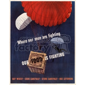 A vintage World War II poster showcasing paratroopers and a large parachute dropping a crate. The text on the poster emphasizes the importance of food conservation with messages like 'Where our men are fighting, our food is fighting' and advises to 'Buy wisely - Cook carefully - Store carefully - Use leftovers'.