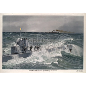 This clipart image shows a German U-Boat engaging in combat in the Atlantic Ocean. The submarine is navigating through rough waters, and a group of people can be seen on the deck, likely preparing for action. In the background, another ship appears to be moving away, trailing smoke.